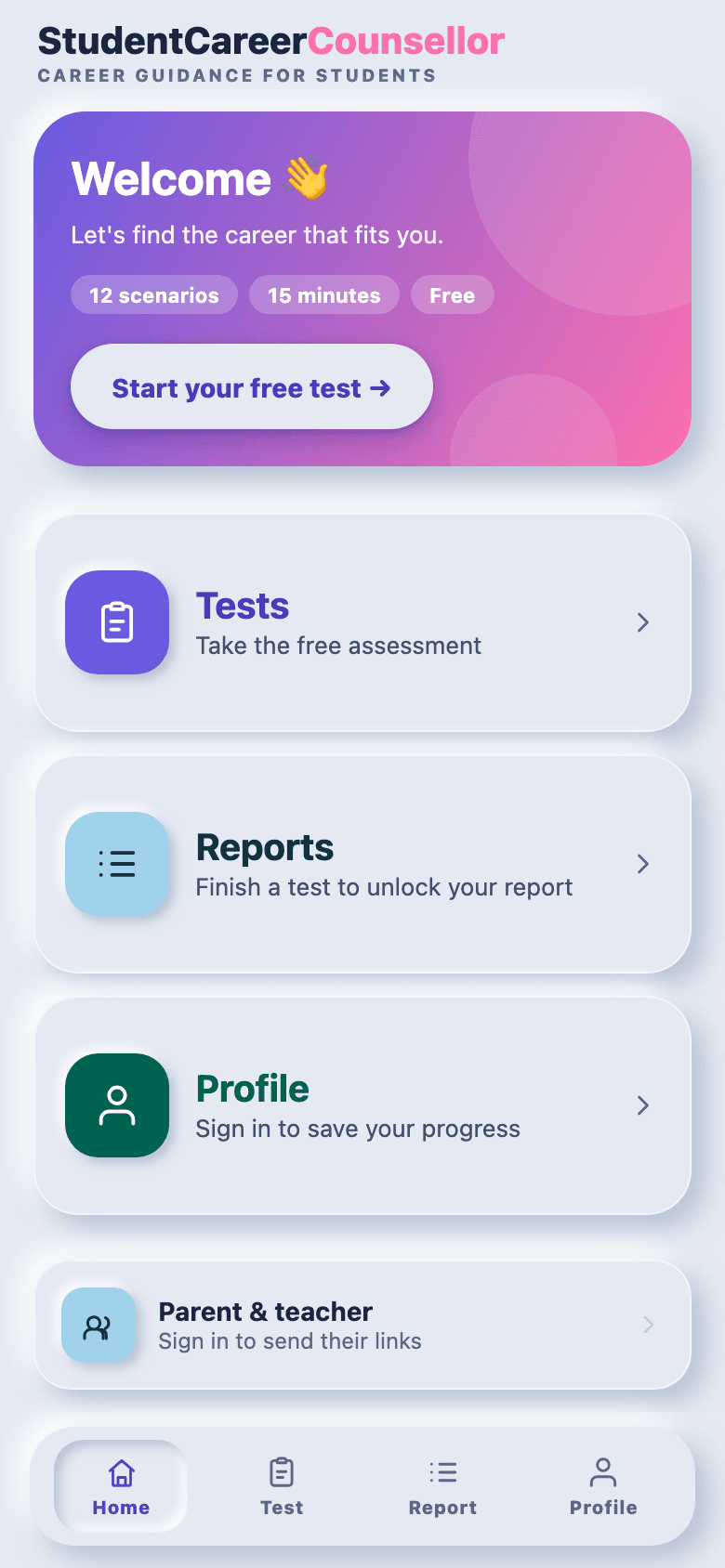 The StudentCareerCounsellor app on a phone